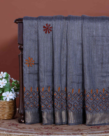 Elegant Kantha Hand Embroidered Saree with Intricate Floral Motif and Contrast Border - Grey