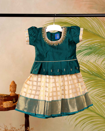 Kids Pattu Pavadai Readymade a Traditional Ethnic Gown with Zari Border & Puff Sleeves  - Bottle Green