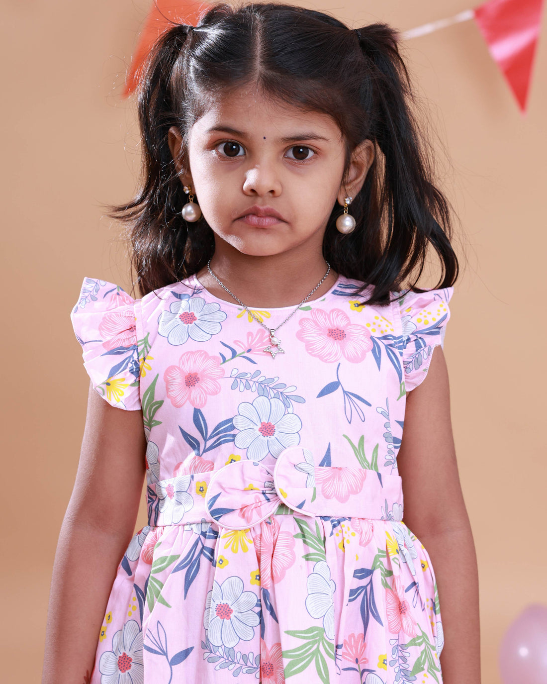 Elegant Girls' Floral Print Ruffled Frock Dress - Pink