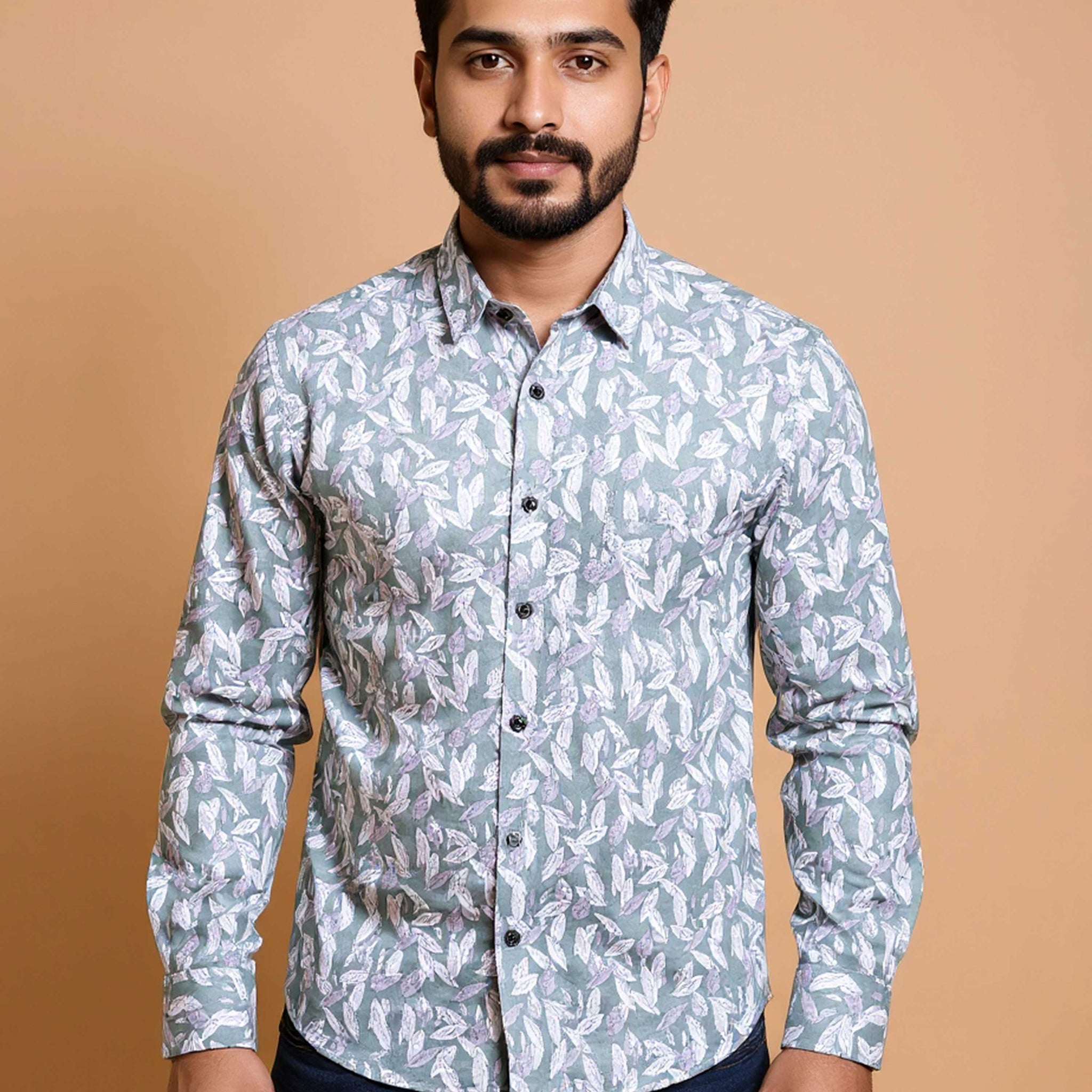 Men's Nativebull Brand Casual Shirt with Leaf Print Design - Green