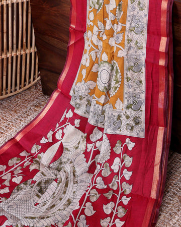 Elegant Traditional Semi Chanderi Kalamkari Saree with Peacock and Floral Motifs with Woven Border - Mustard Yellow