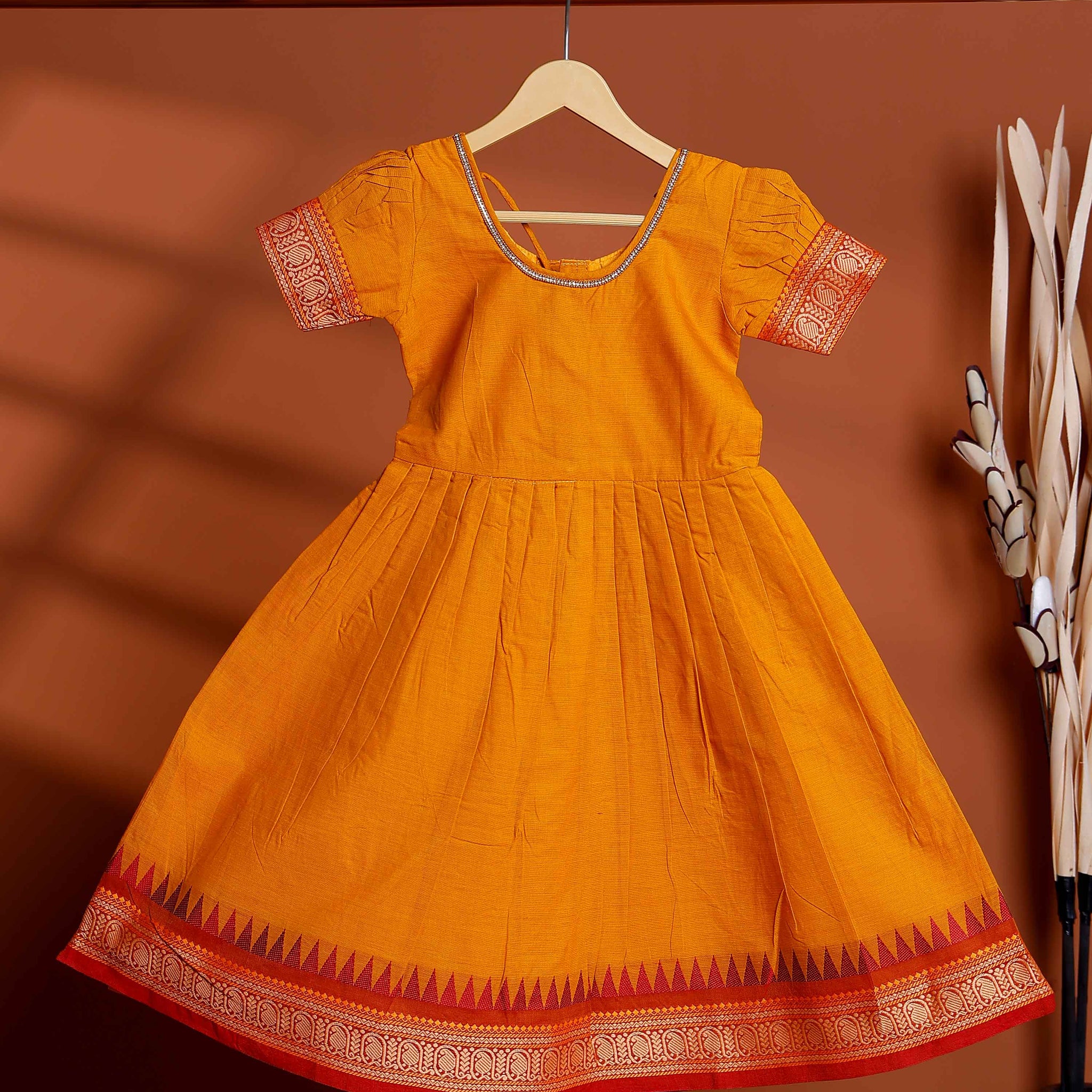 Kids Pattu Pavadai Readymade Traditional Ethnic Gown with Zari Border & Puff Sleeves  - Yellow