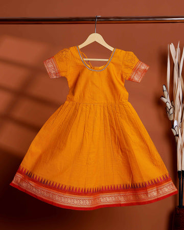Kids Pattu Pavadai Readymade Traditional Ethnic Gown with Zari Border & Puff Sleeves  - Yellow