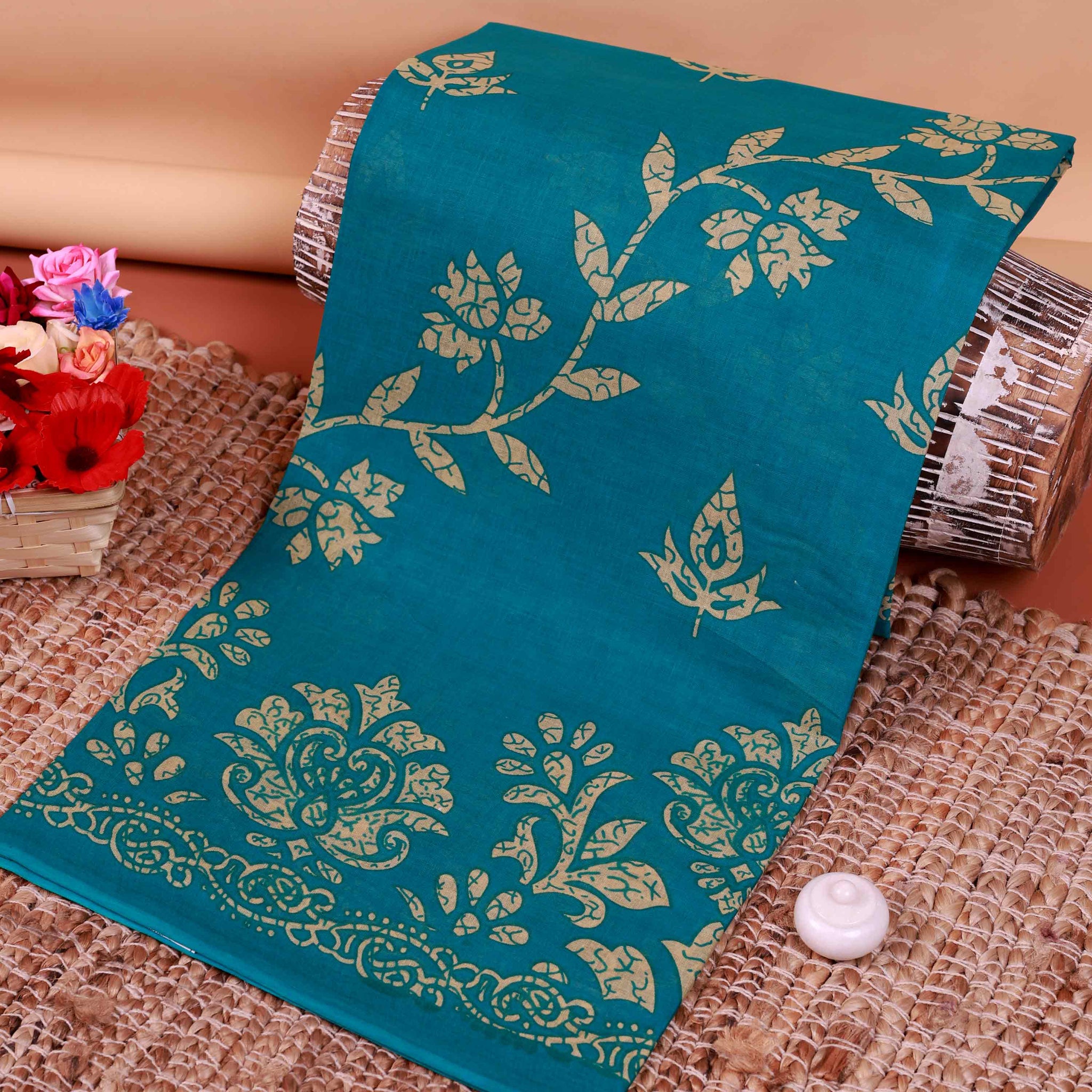 All-Over Floral Printed Voile Saree with Intricate Contrast Border – Teal