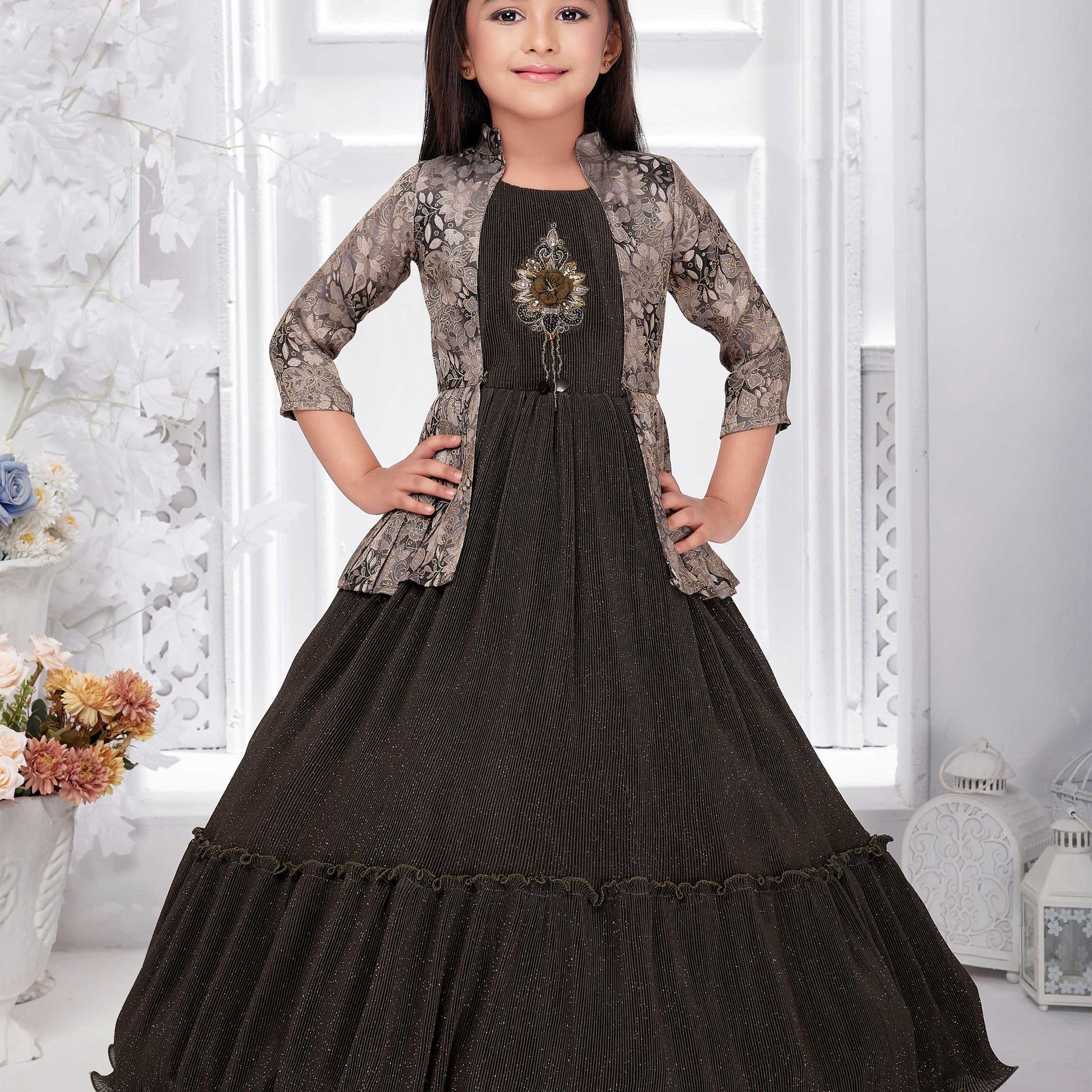 Multi Color Scheme With Striped And Floral Pattern Work Frock
