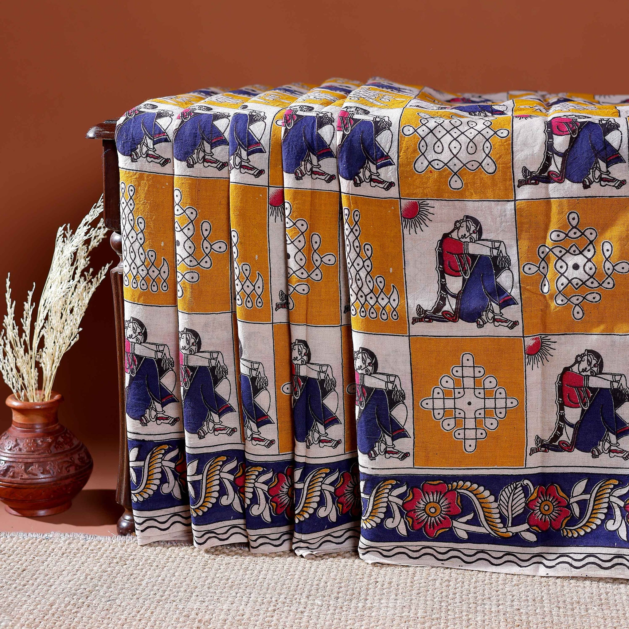 Traditional Handloom Kalamkari Cotton Saree with Intricate Floral and Avian Motifs - Multi
