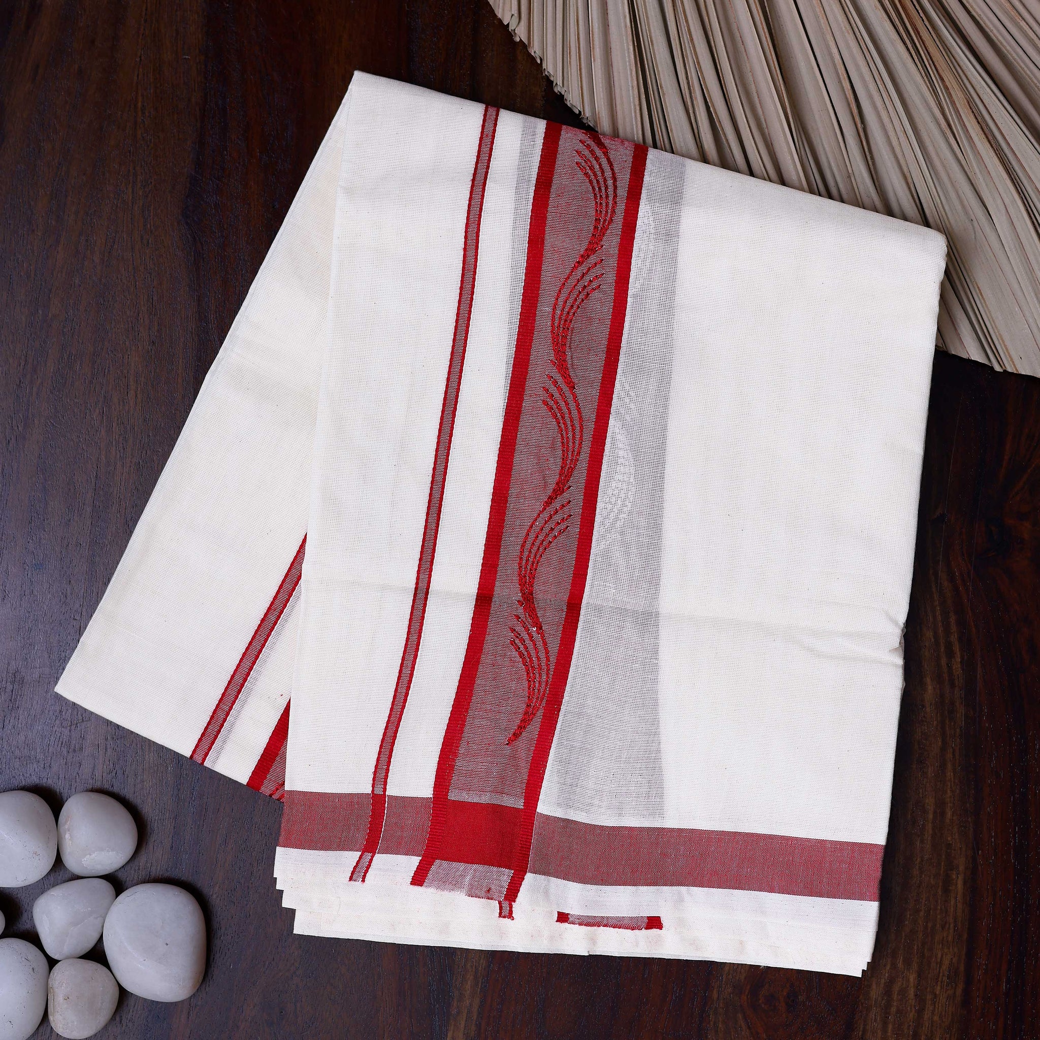 Men's Traditional Handwoven Cotton Dhoti with Red Border and Elegant Finish - White
