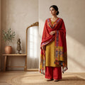 Olive Green Cotton Salwar Material With Striped Weave Red Dupatta And Striped Border Front View