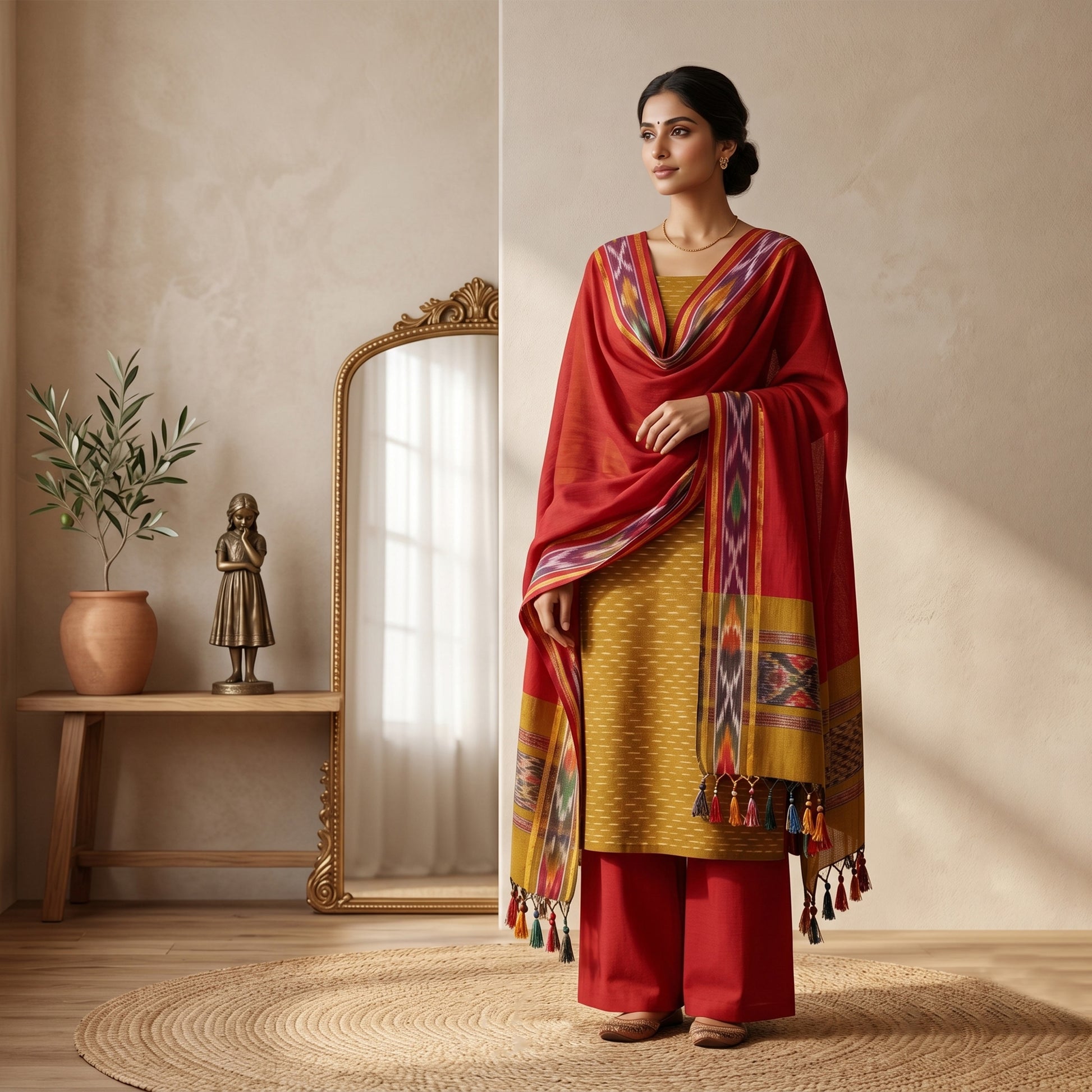 Olive Green Cotton Salwar Material With Striped Weave Red Dupatta And Striped Border Front View