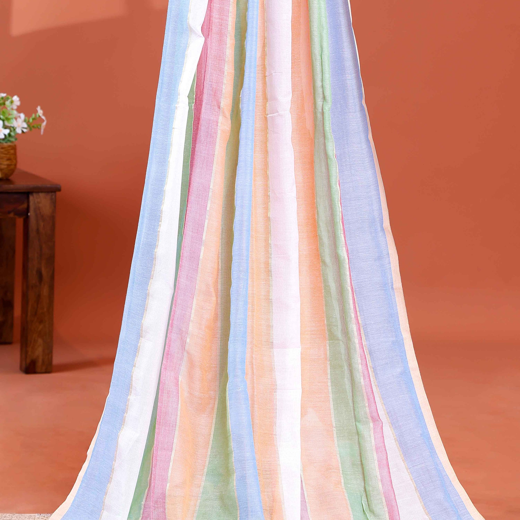 Handwoven Mul Mul Cotton Saree with Bold Striped Pattern and Tassel Detailing - Multi