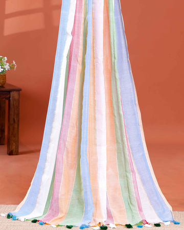 Handwoven Mul Mul Cotton Saree with Bold Striped Pattern and Tassel Detailing - Multi