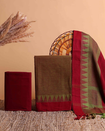 Women's Ethnic Cotton Handloom Unstitched Salwar Suit Set Top 2.5m, Pant 2m, Dupatta 2.25m with Temple Border - Olive Green