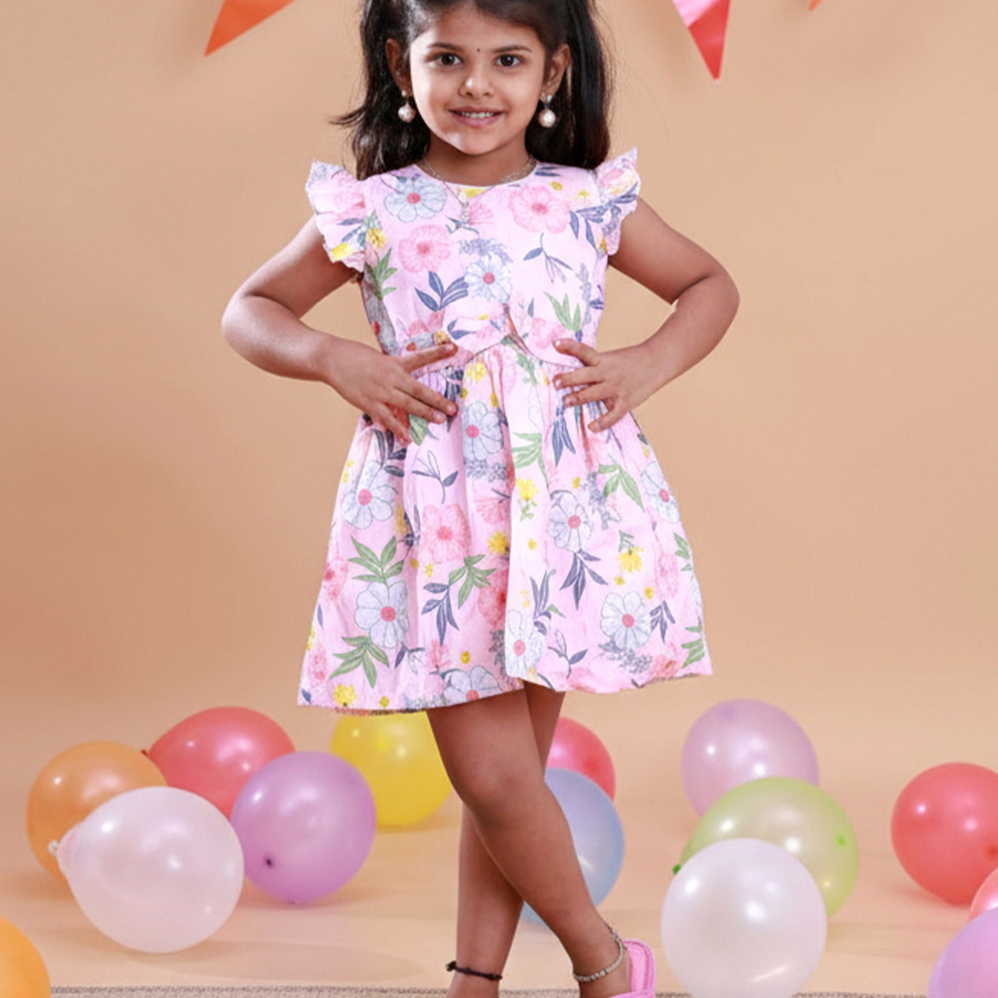 Elegant Girls' Floral Print Ruffled Frock Dress - Pink