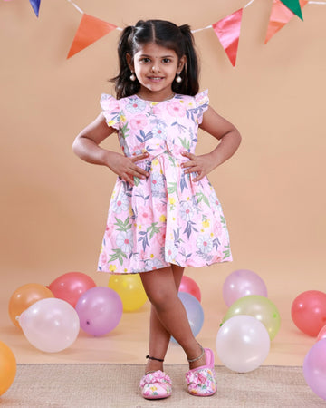 Elegant Girls' Floral Print Ruffled Frock Dress - Pink