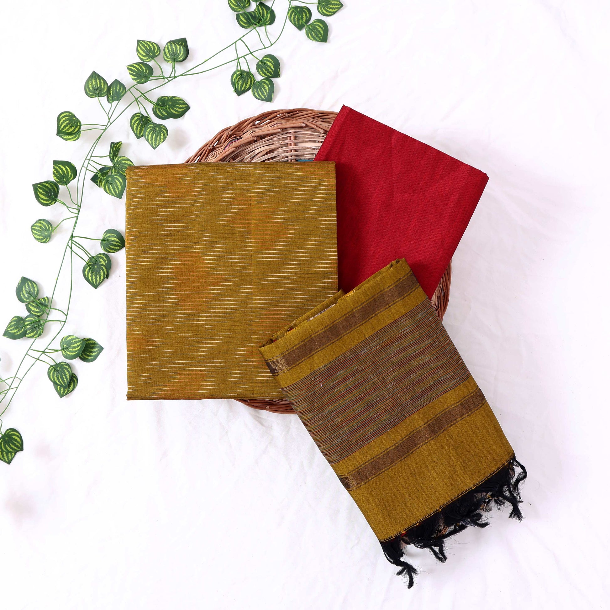 Cotton Salwar Material In Olive Green With Striped Pattern Red Contrast Dupatta Flat Lay View