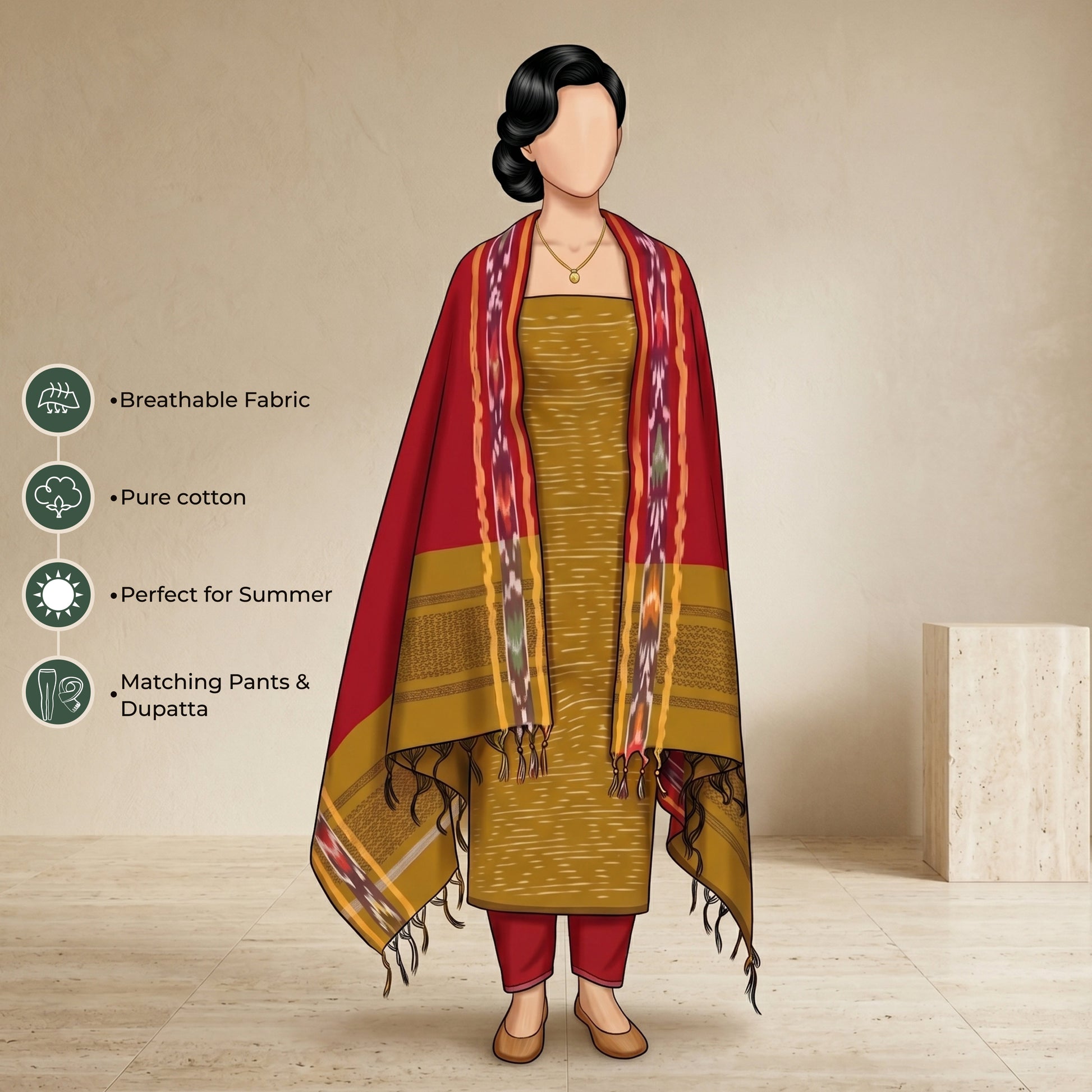 Olive Green Cotton Salwar Material With Red Contrast Dupatta Striped Border And Tassel Detail Illustrated Front View
