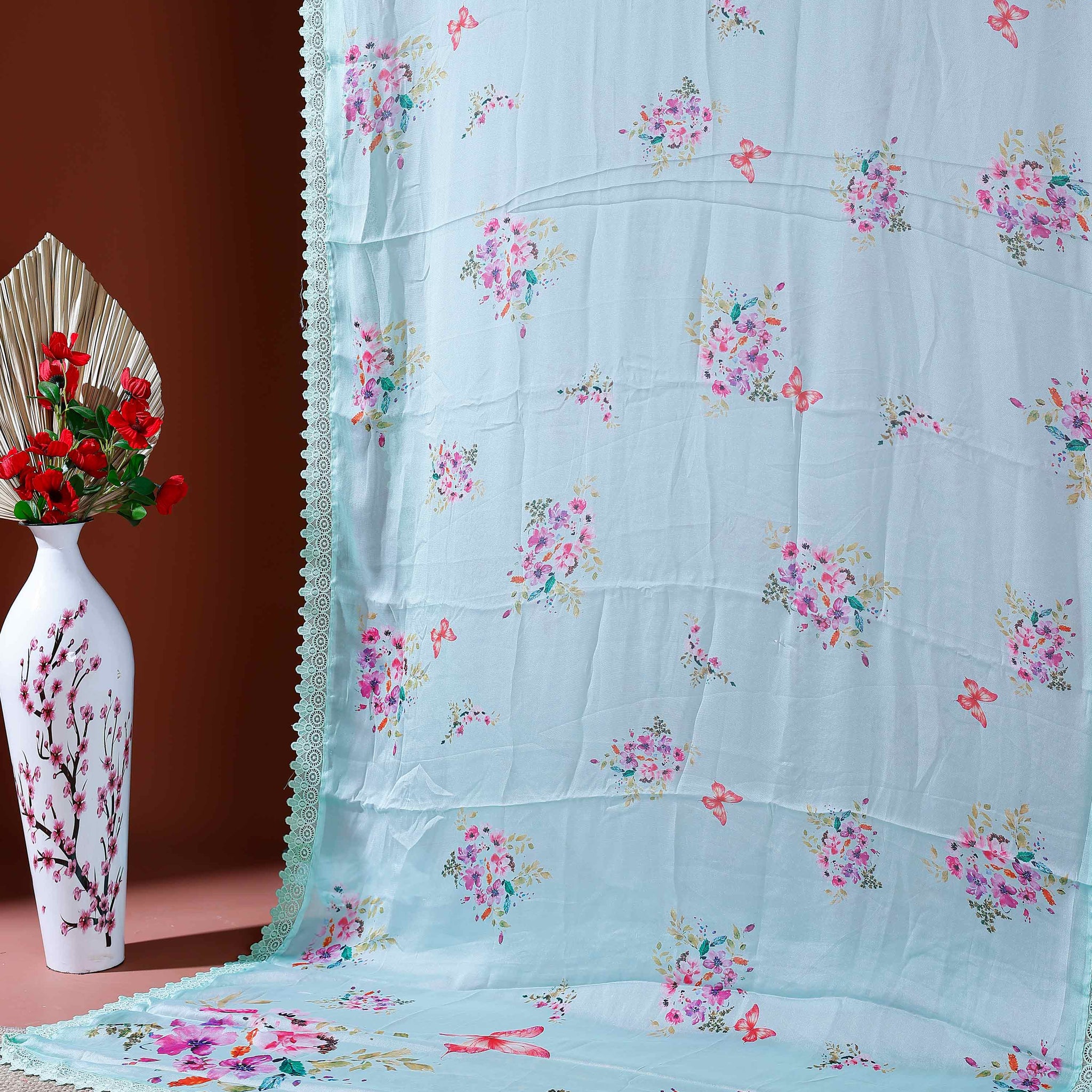 Elegant Georgette Saree with Delicate Floral Prints and Intricate Lace Border  - Green