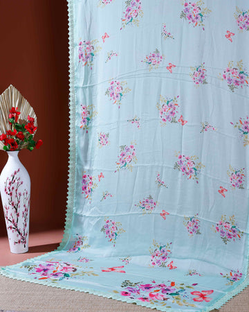 Elegant Georgette Saree with Delicate Floral Prints and Intricate Lace Border  - Green