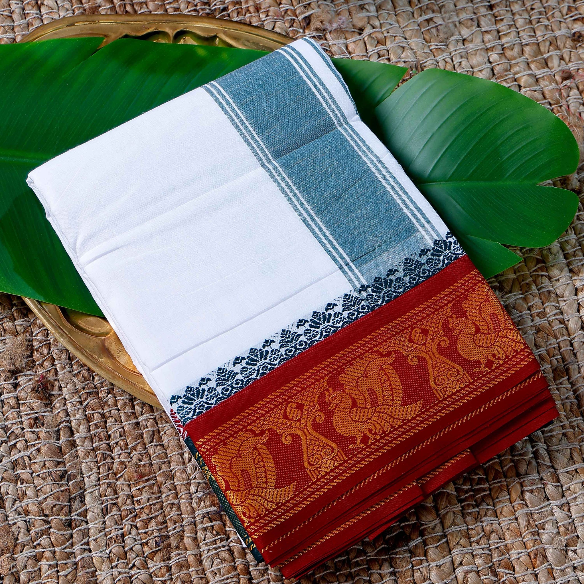 Men’s Cotton Dhoti with Multi Colour Border - White