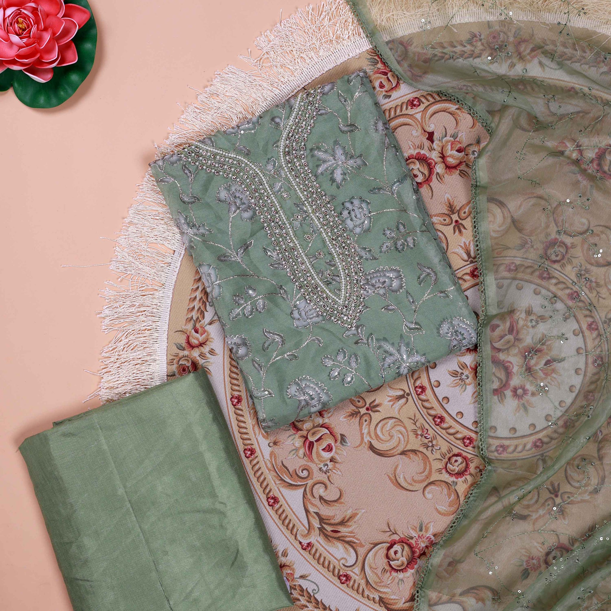 Women's Floral Embroidered Salwar Suit Material with Beaded Neckline and Net Dupatta - Green