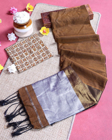 Traditional Khadi Cotton Saree with Woven Border and Contrast Printed Blouse Piece - Brown