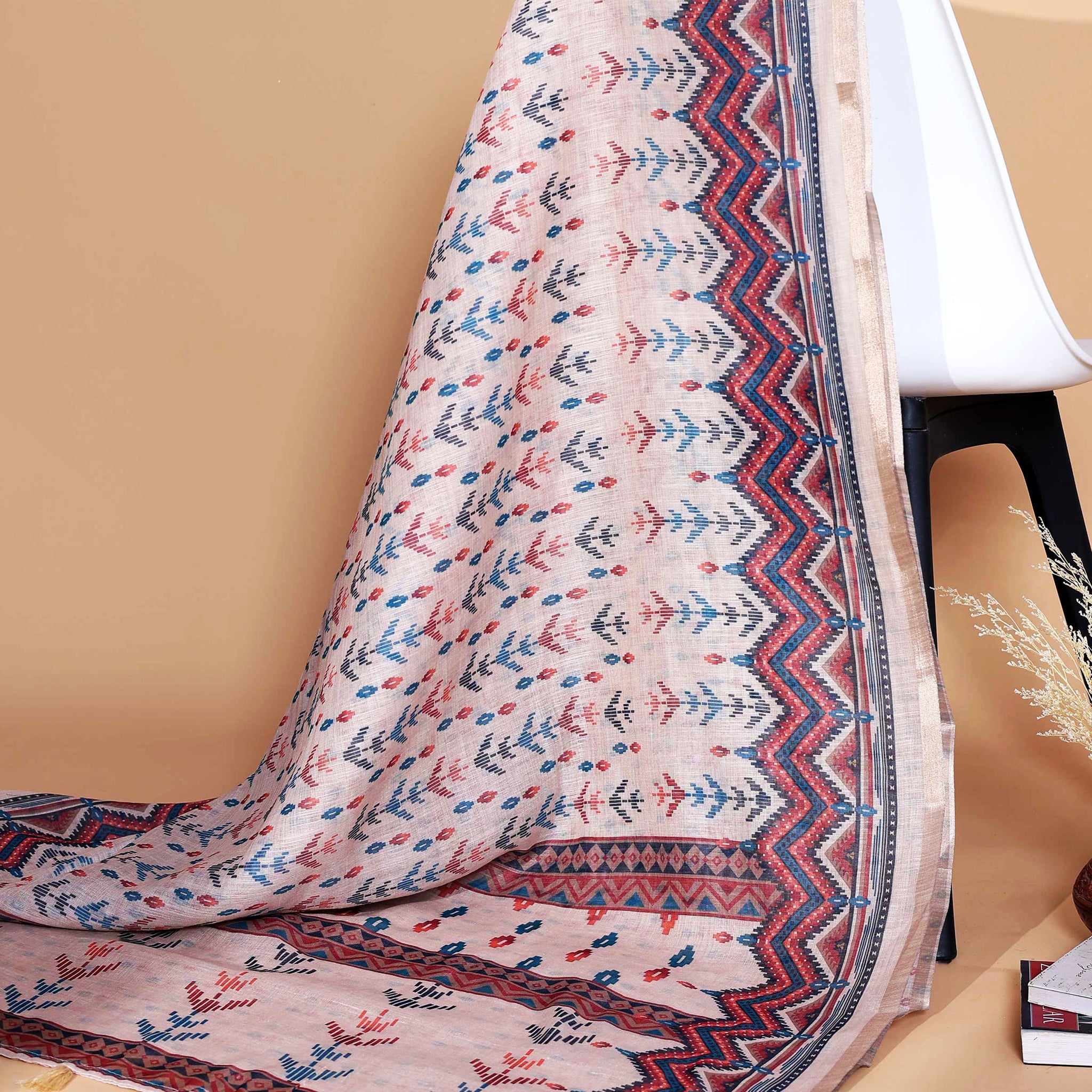 Ethnic Sandal Linen saree with Multi-color Paisley and Floral Design