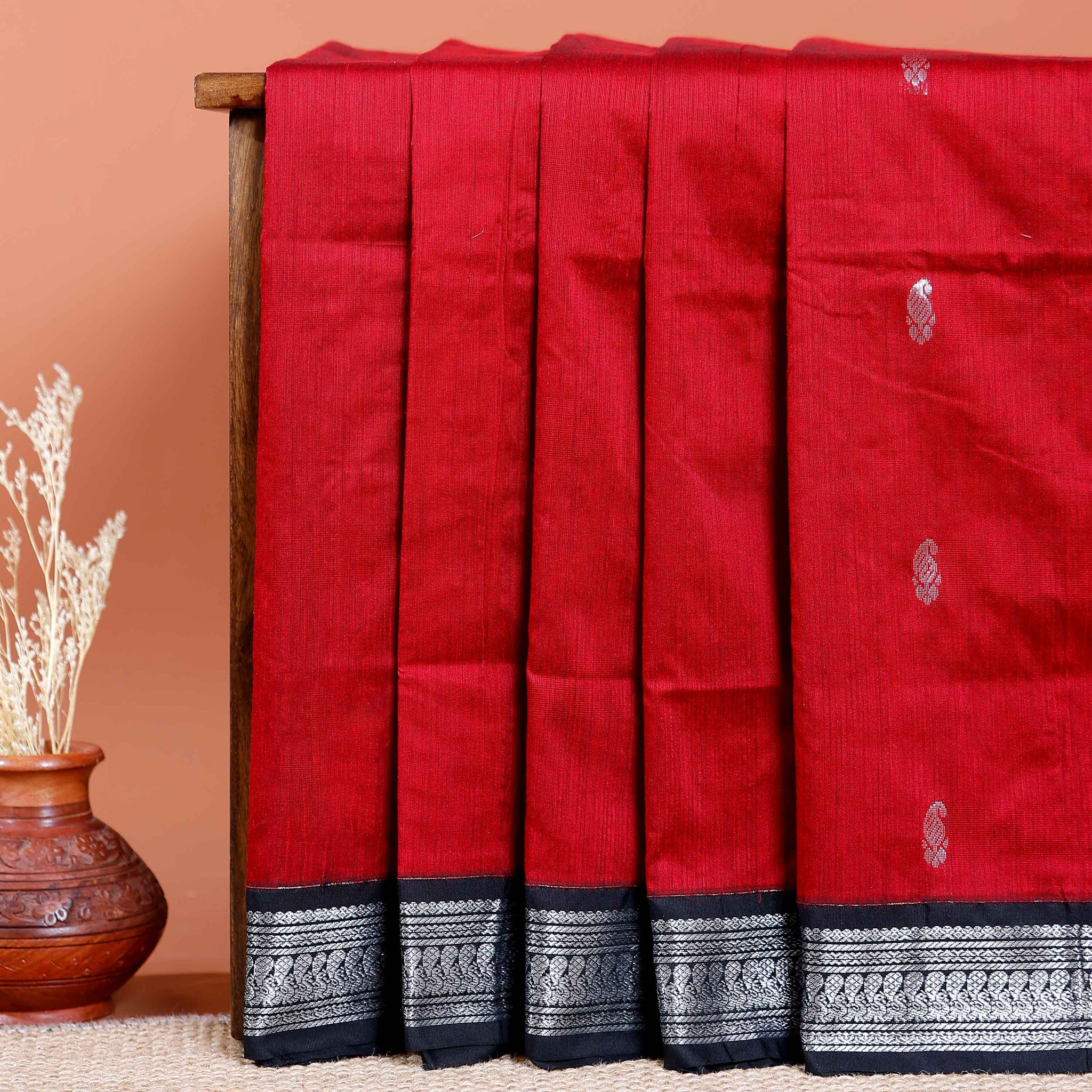 Handloom Kalyani Cotton Saree with Traditional Zari Border and Buttas - Red