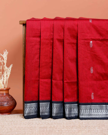 Handloom Kalyani Cotton Saree with Traditional Zari Border and Buttas - Red