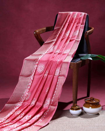 Elegant Dola Silk Saree with Intricate Woven Motifs Traditional Zari Border and Textured Pallu  - Pink