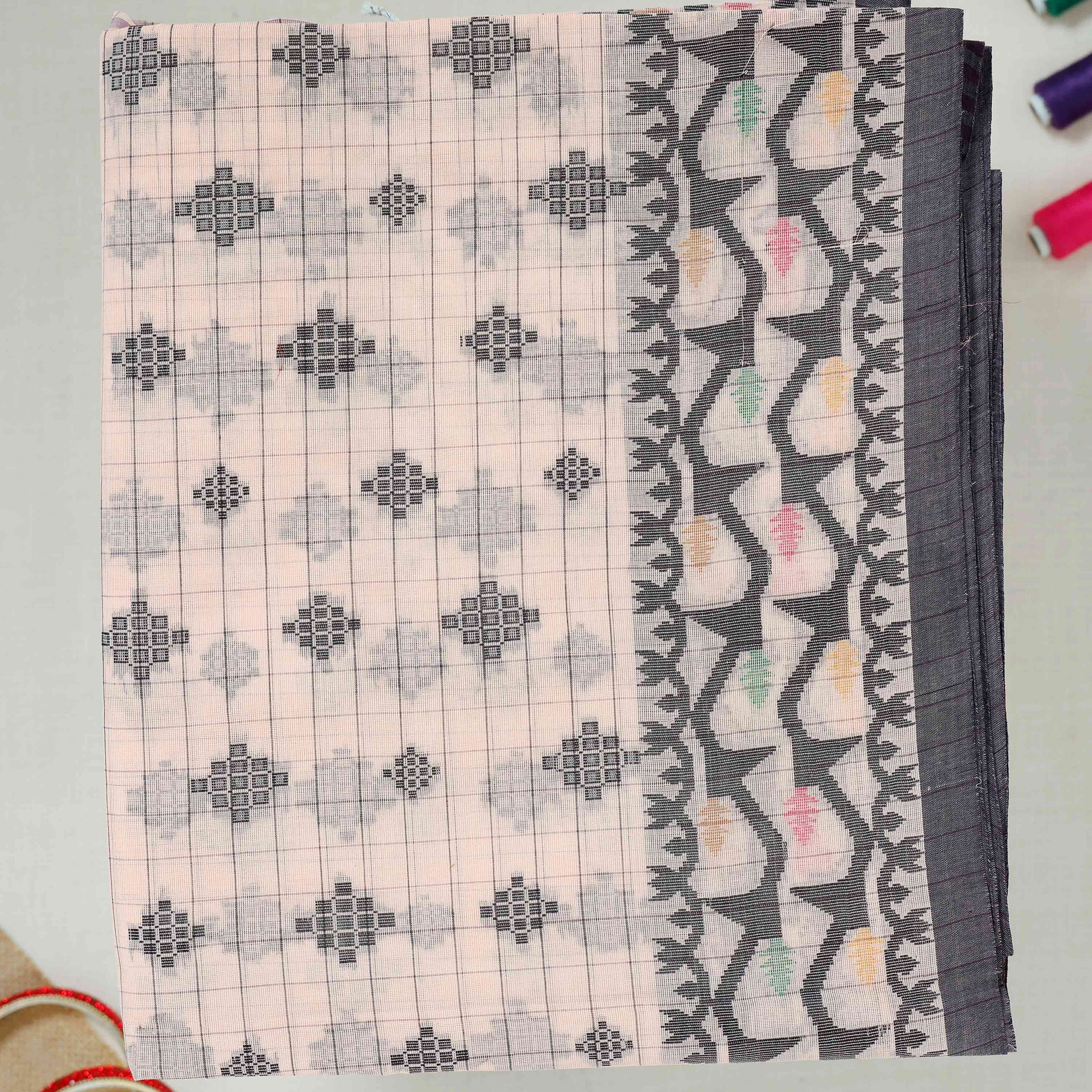 Checked Bengal Cotton Saree with Geometric and Temple-Inspired Border - Pink