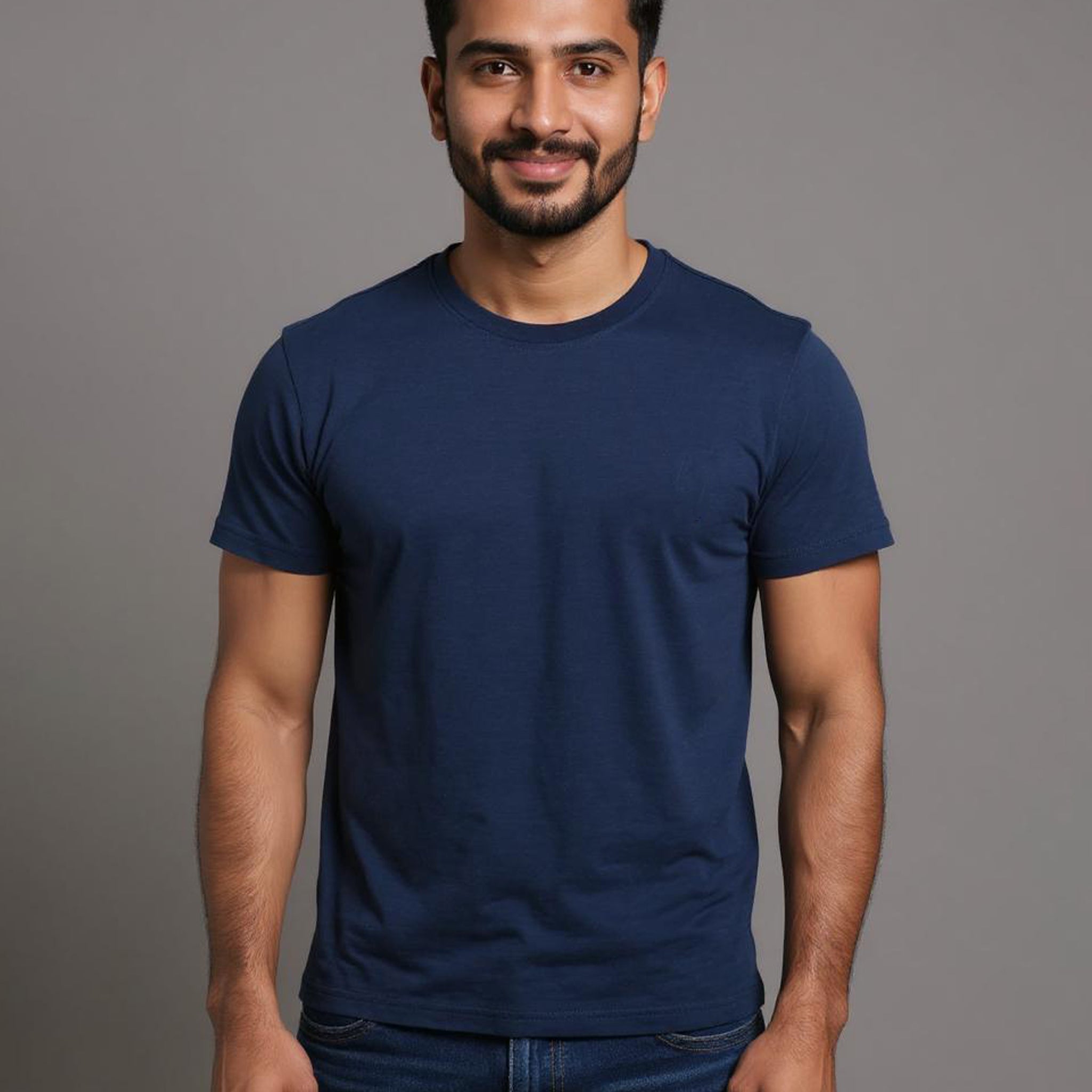 JASE Men's Solid Round Neck Half Sleeve Regular Fit T-Shirt - Navy Blue