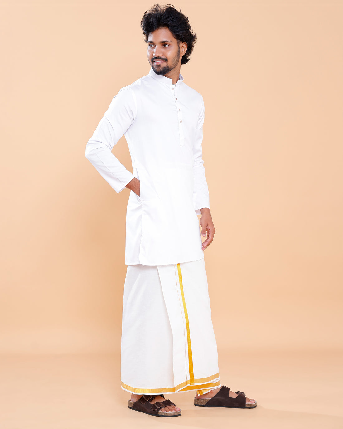 Elegant Men's Solid Mandarin Collar Kurta with Full Sleeves - Cream