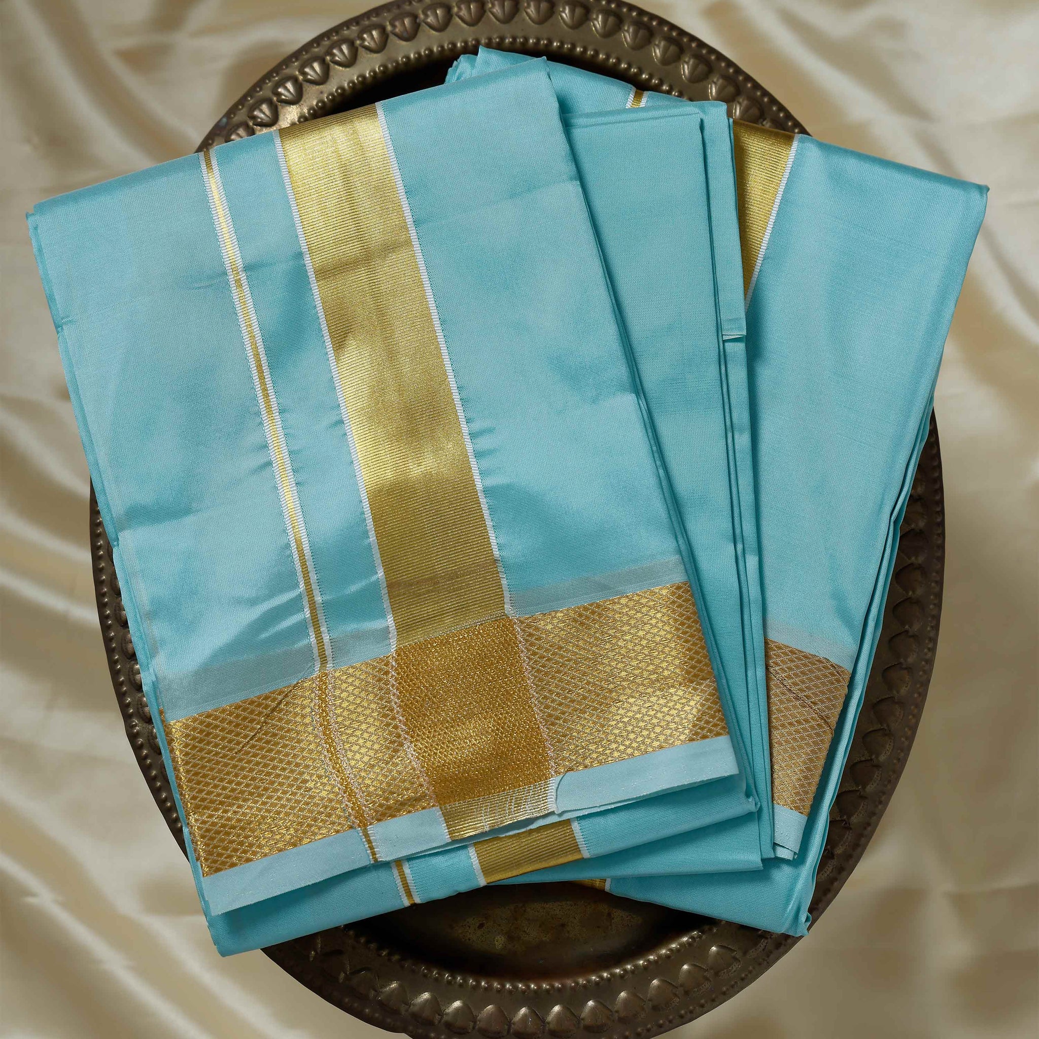 Sky Blue Color Silk Dhoti With 2.40 Meter Shirt Bit & Towle