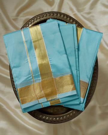 Sky Blue Color Silk Dhoti With 2.40 Meter Shirt Bit & Towle
