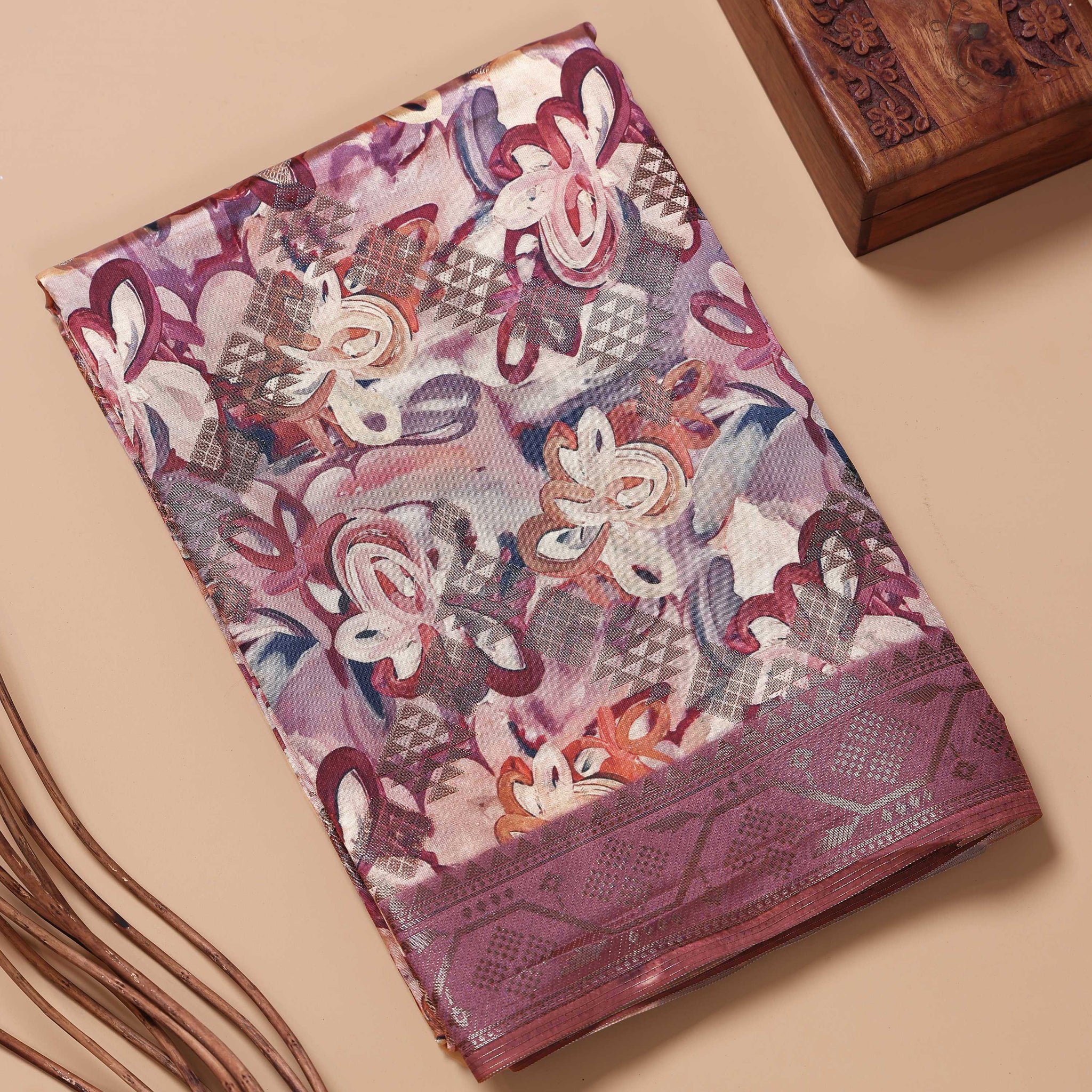 Floral Pattern Dola Silk Saree With Woven Border - Multi