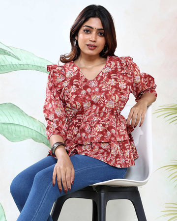 Women’s Floral Printed Cotton Kurti with V-Neck Ruffle Shoulder and Layered Peplum Hem - Rust Red