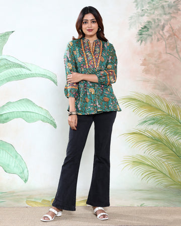 Women’s Floral Printed Flared Kurta with Mandarin Collar and 3/4 th Sleeves - Green