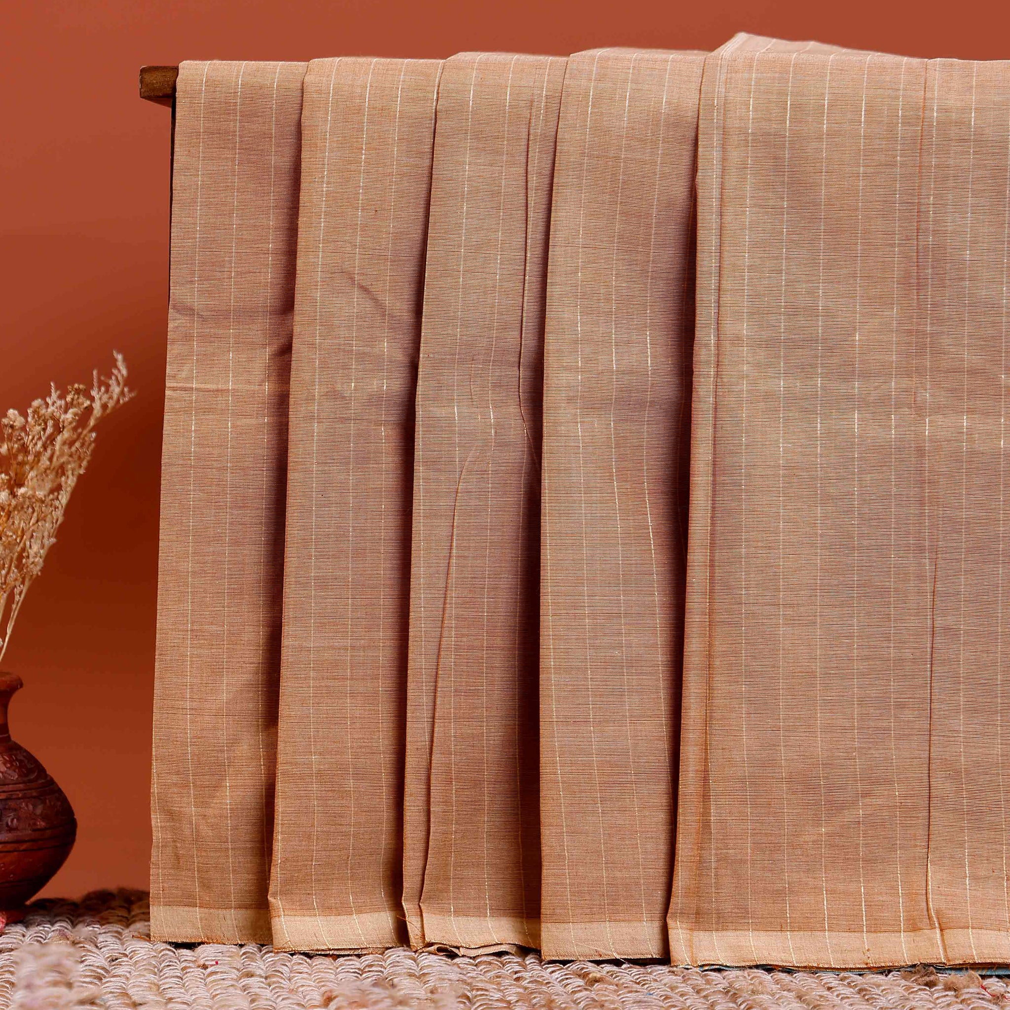 Traditional Chettinad Cotton Saree with Subtle Stripes and Traditional Weave - Sandal