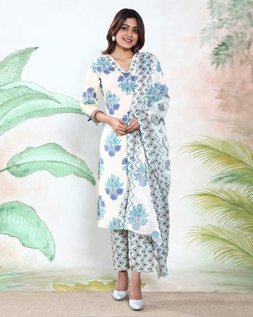 Women’s Polka Dot Printed Readymade Salwar Suit Set with Straight Kurta Matching Pants and Coordinated Dupatta, Off White