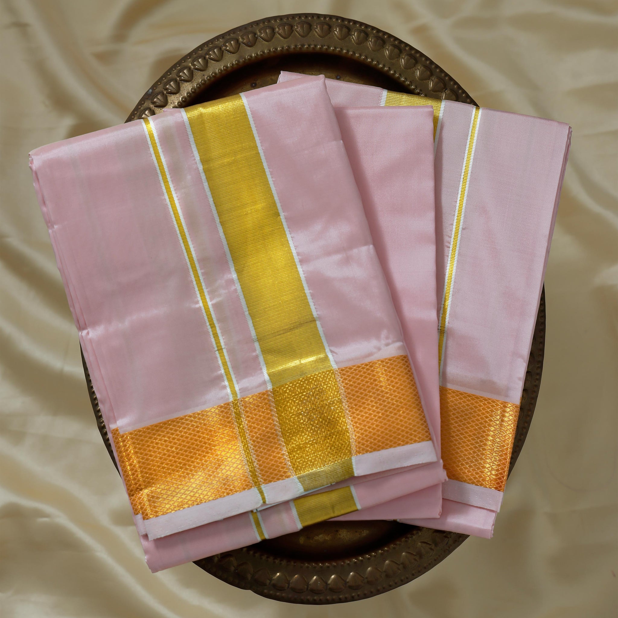 Pink Color Silk Dhoti With 2.40 Meter Shirt Bit & Towle