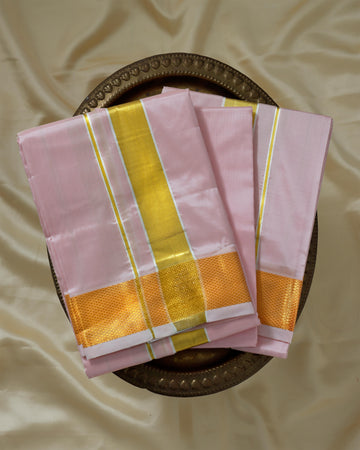 Pink Color Silk Dhoti With 2.40 Meter Shirt Bit & Towle
