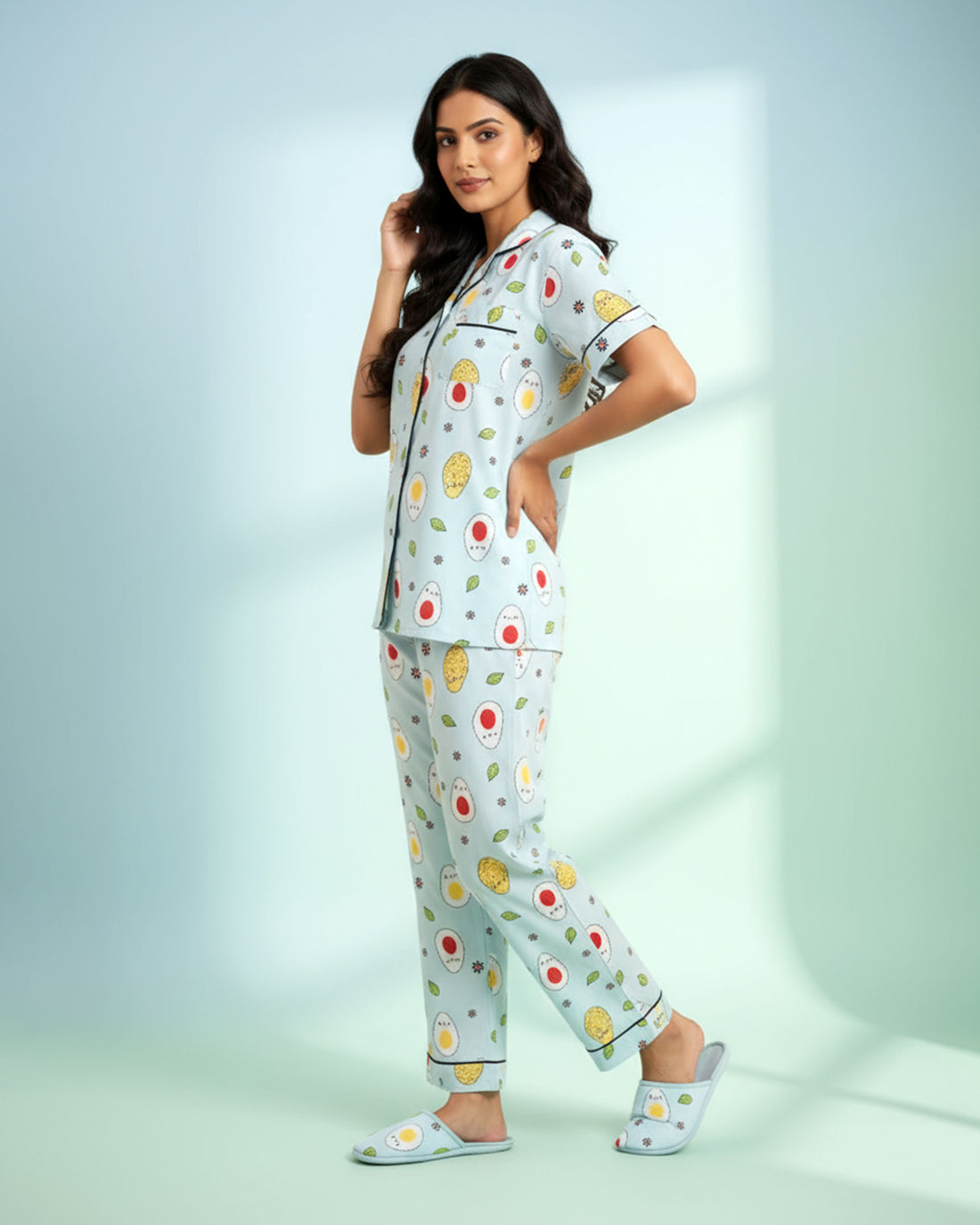 Women's Printed Short Sleeve Night Wear - Blue