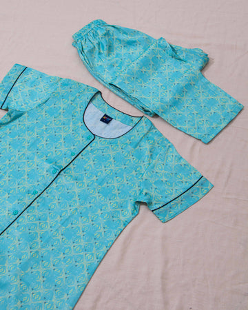 Green Colour Printed Night Wear