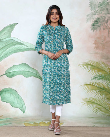 Women’s Elegant Floral Printed Straight Kurta with Mandarin Collar Button Placket and 3/4th Sleeves - Teal