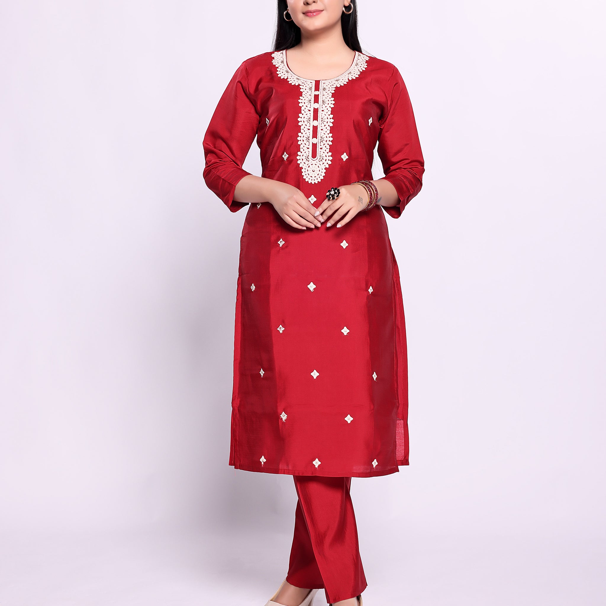 Women's Embroidered Straight Kurta with Palazzo Set - Red