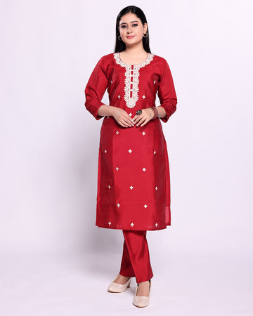 Women's Embroidered Straight Kurta with Palazzo Set - Red