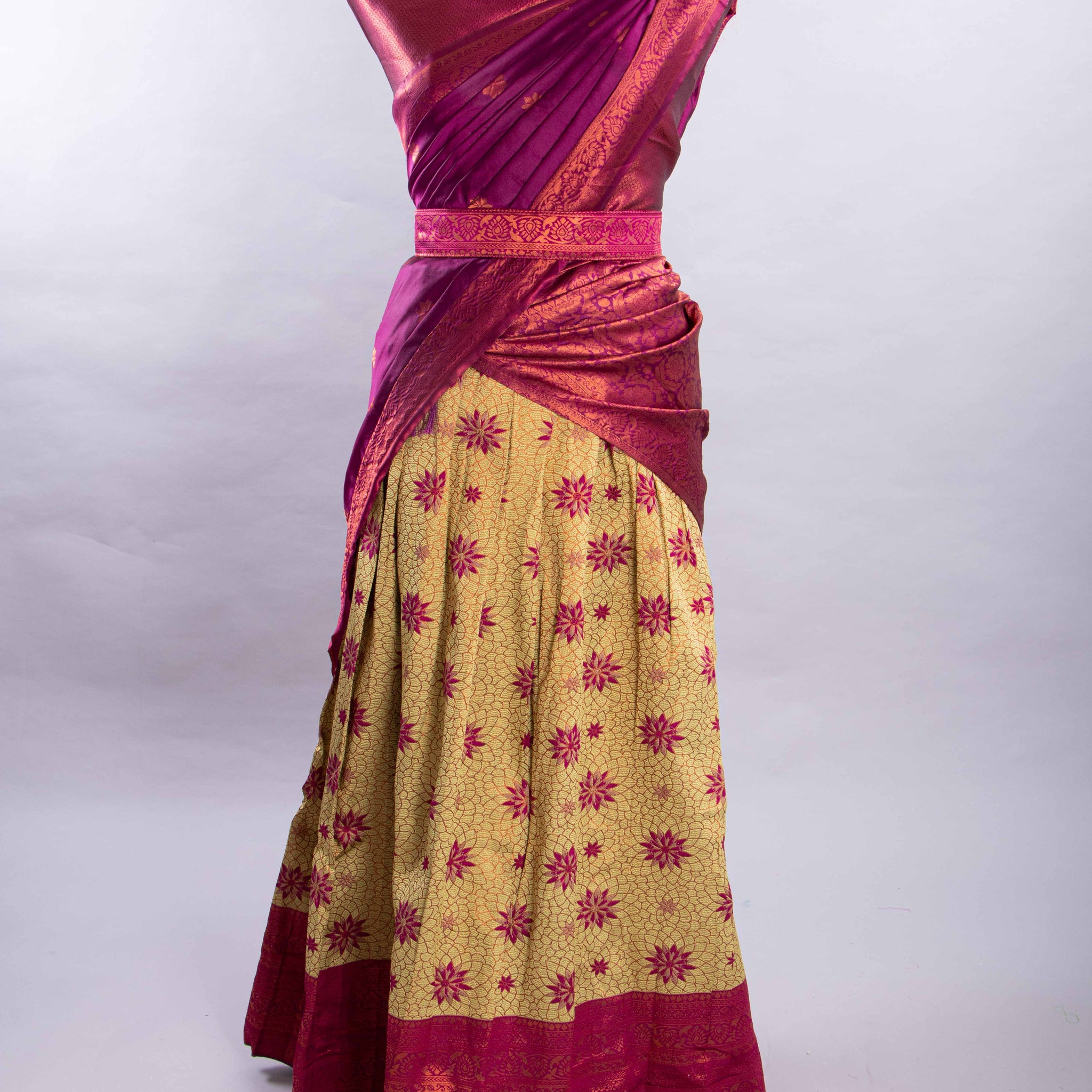 Green With Purple Colour Printed Semi - Stitched Lehenga