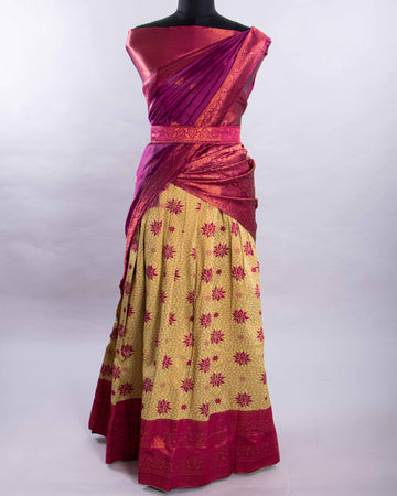 Green With Purple Colour Printed Semi - Stitched Lehenga