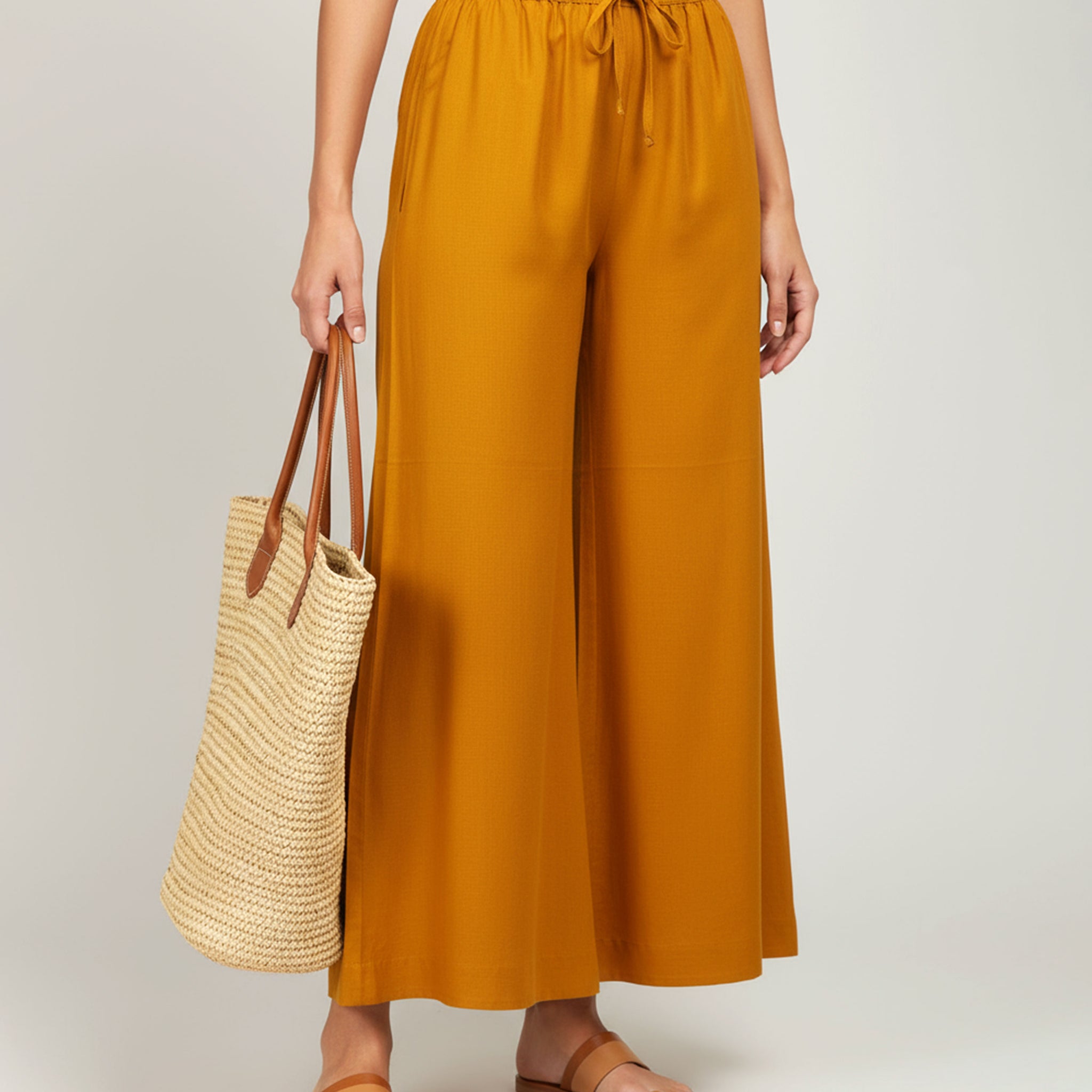 Elegant High-Waist Flared Palazzo Pant - Mustard Yellow