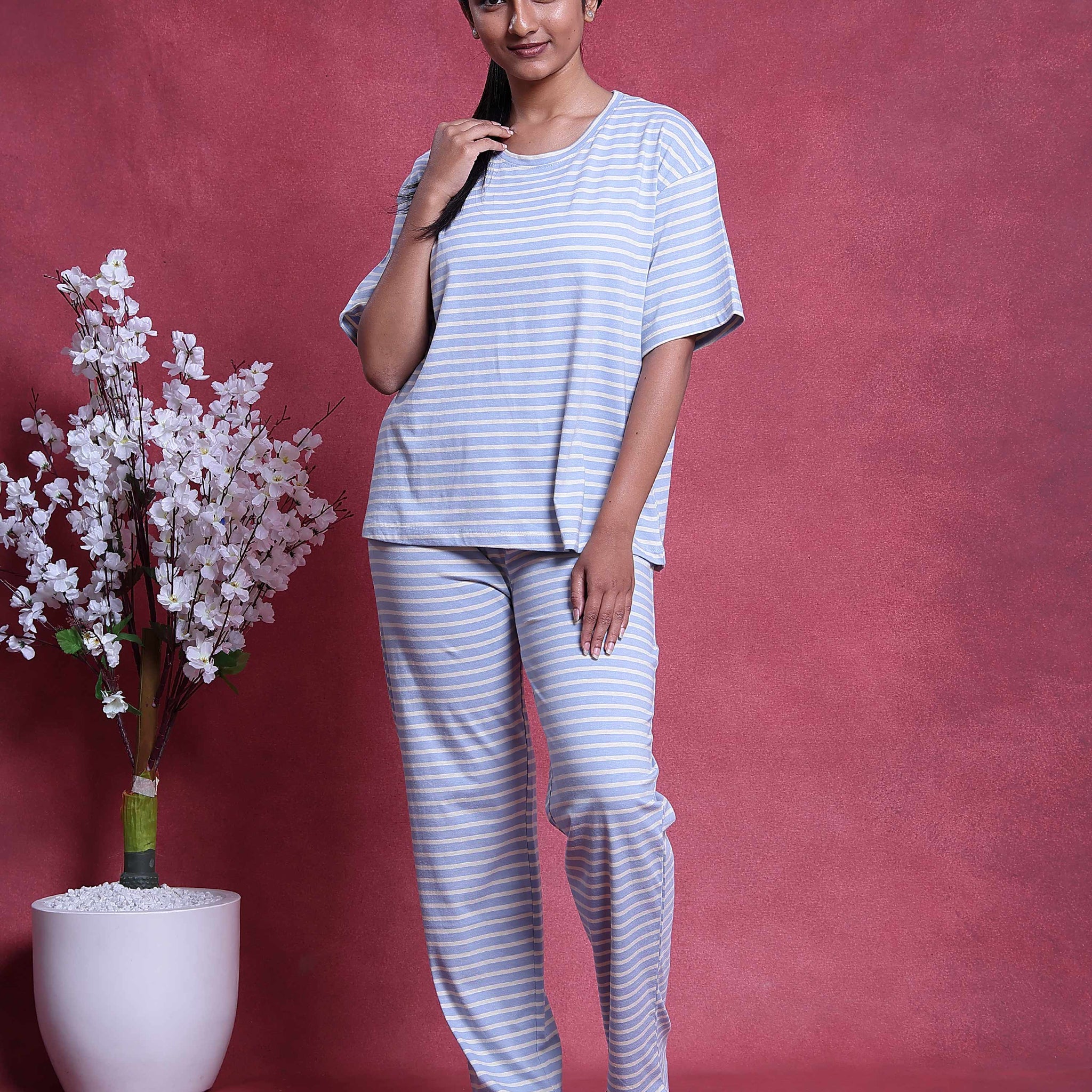 short sleeve jammies set cotton Women’s Cotton Striped Nightwear Set Blue Jeyachandran Blue XL